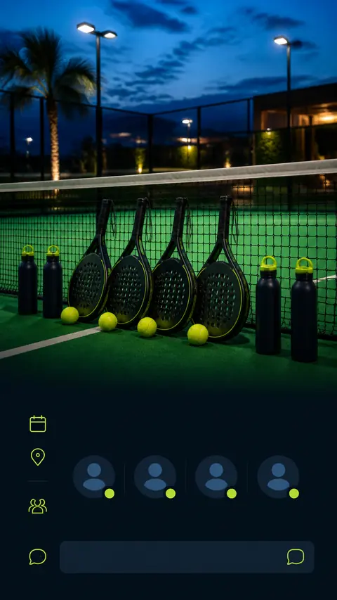 Vier Schläger und Bälle stehen für ein abendliches Match am beleuchteten Court bereit.