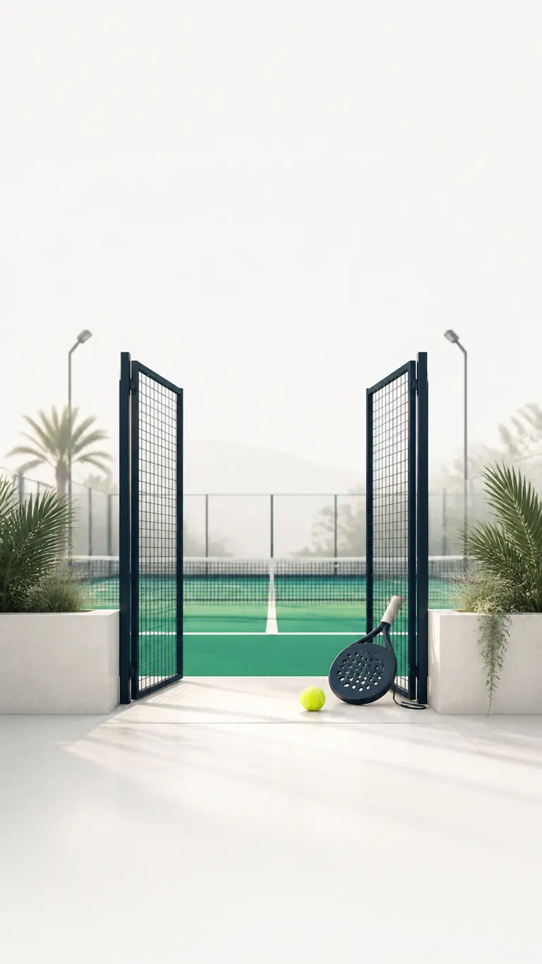 Ein offener Padelcourt mit Schläger und Ball wartet auf die nächste Runde.